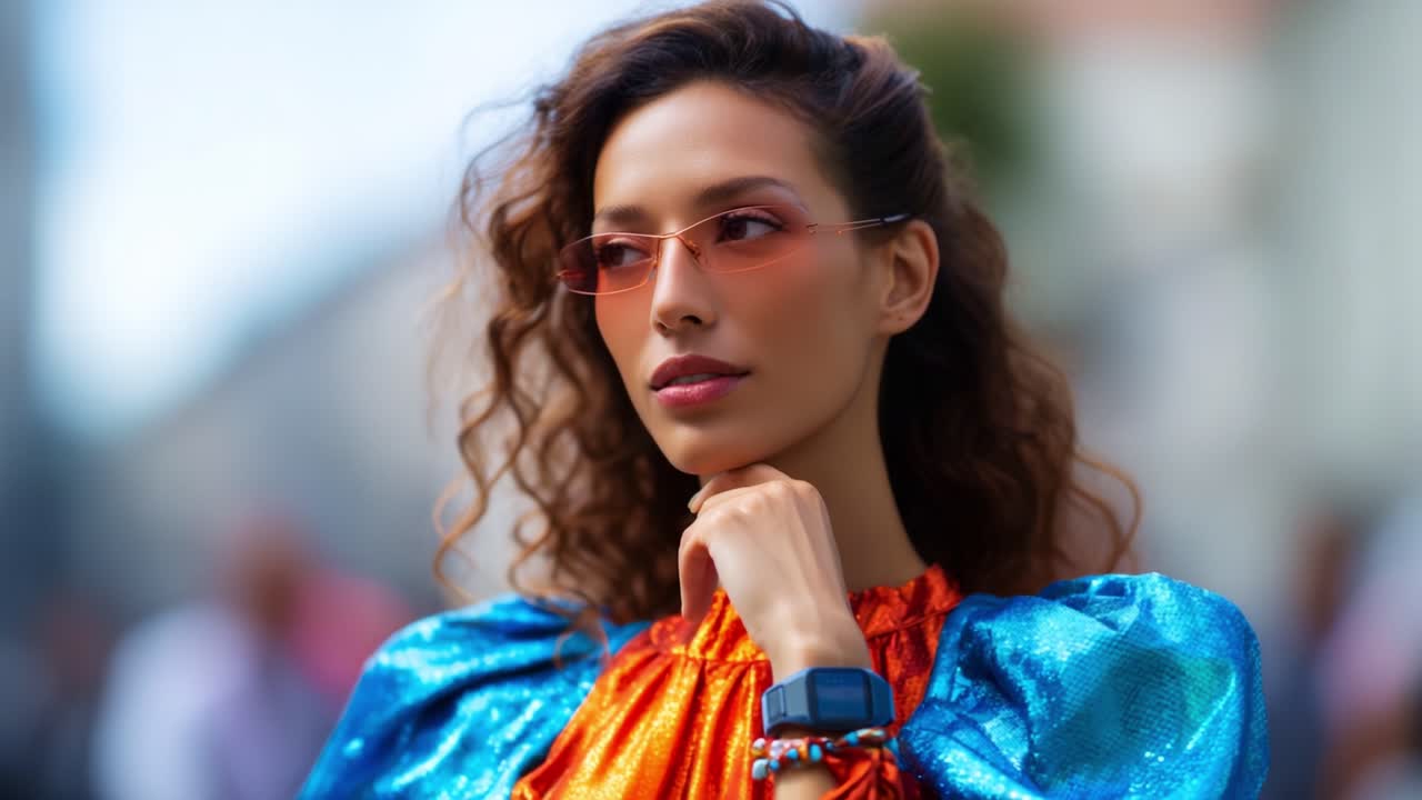 Giovane donna alla moda con abbigliamento vivace e occhiali da sole che mette in mostra il suo stile all'avanguardia in un ambiente urbano, con combinazioni di colori sorprendenti e una posa sicura