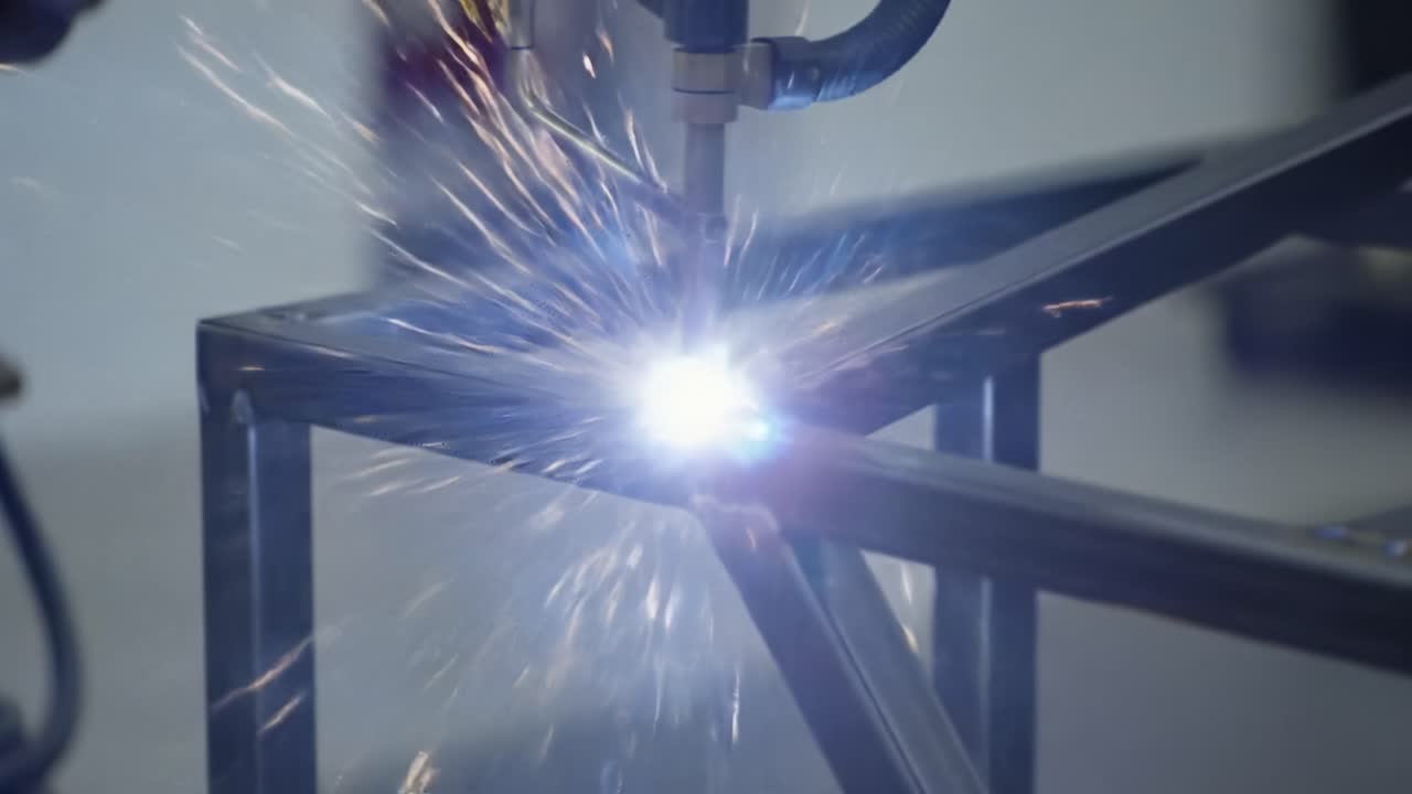 Precision Welding Process Captured: Robotic Arm Applying High-Temperature Welding Technique on Metal Frame with Sparks Flying