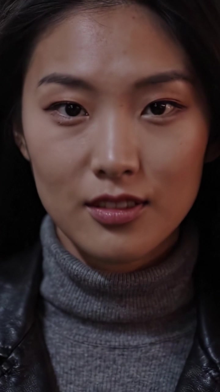 Captivating Close-Up: A Young Woman with Enigmatic Charm and Confidence Stares Directly at the Camera, Featuring Stylish Leather Jacket and Thoughtful Expression