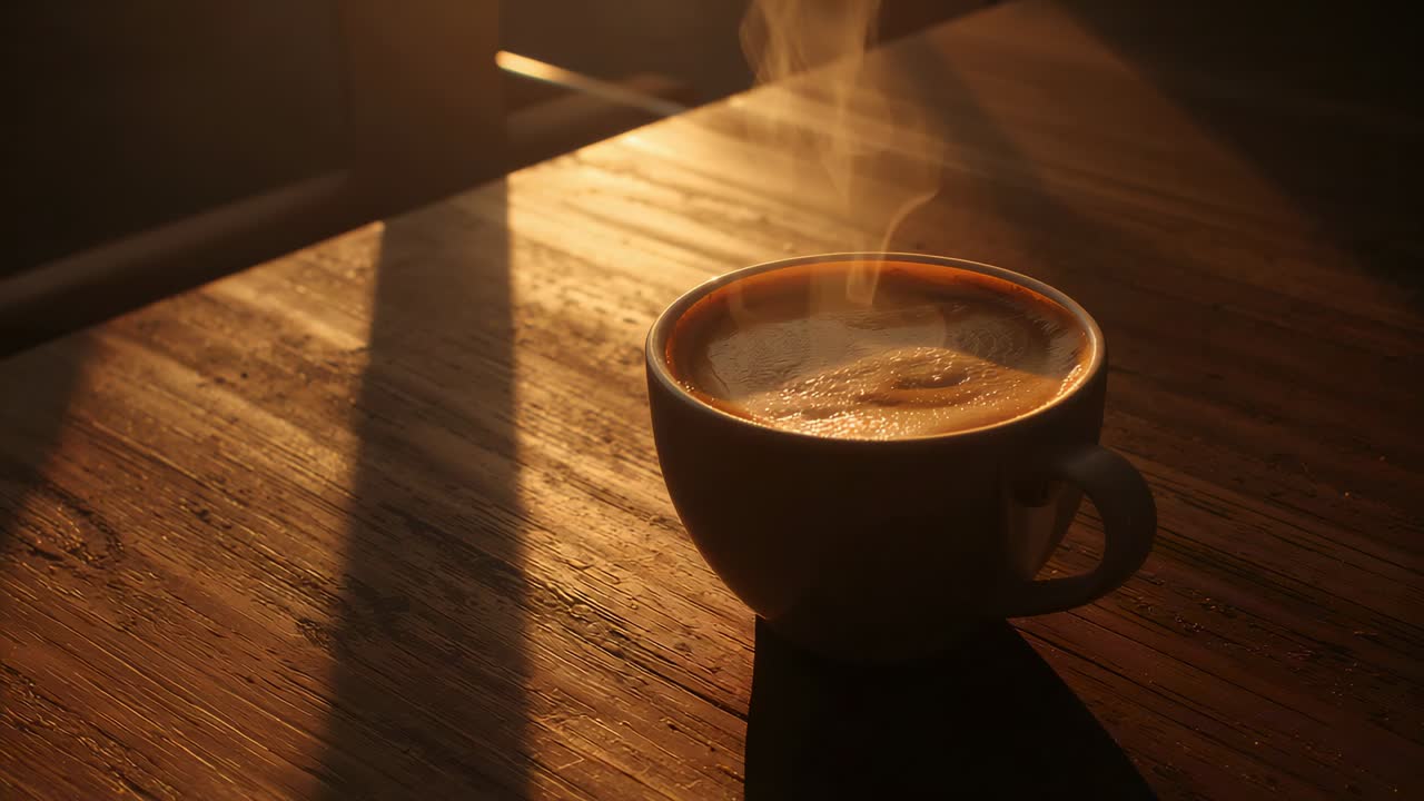 Releasing steam ceramic hot coffee cup sitting right on wood table with foam swirl, copy space