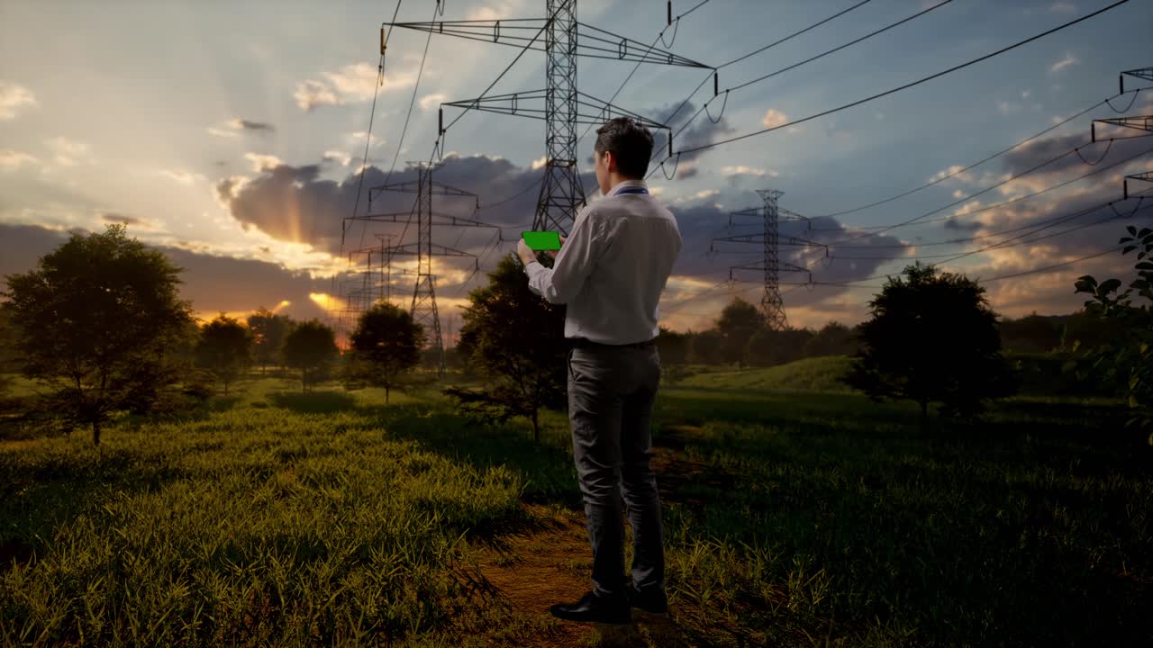 Engineer Using Tablet with Green Screen Near Power Lines at Sunset