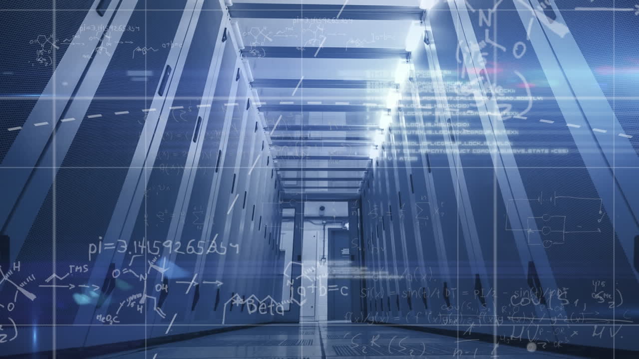 수학적 방정식의 애니메이션, 라이트 스 및 컴퓨터 서버 방에 대한 데이터 처리