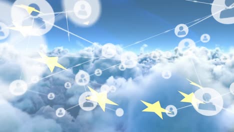 animación de la red de conexiones de iconos con personas sobre la bandera y las nubes de la unión europea