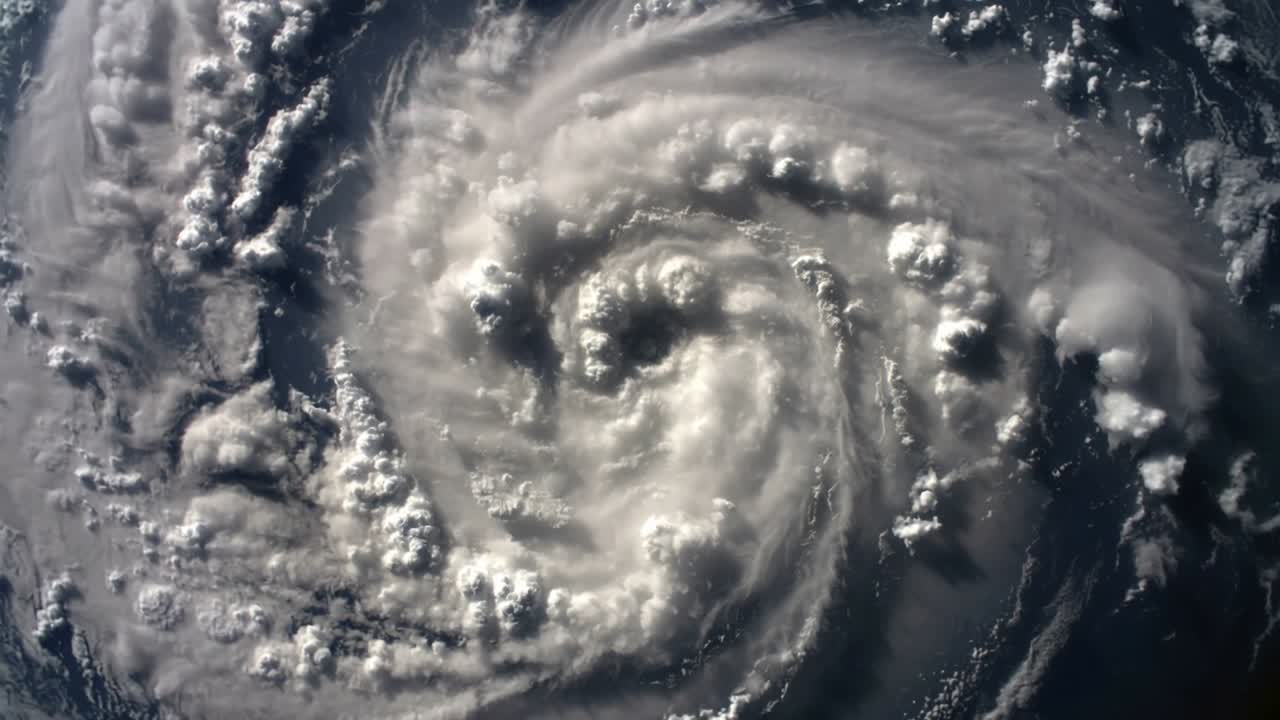 Satellitbilleder viser et roterende stormsystem, der strammer til over åbent hav, med øje og skytop.