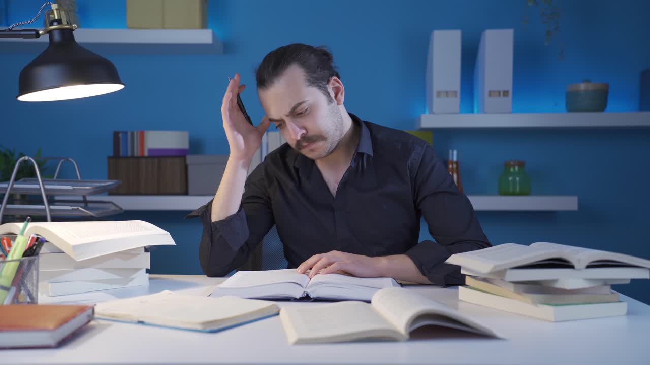 과학 책을 읽는 젊은 연구자는 혼란스럽습니다.