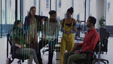 diverse team discussing in office with data visualization animation over them