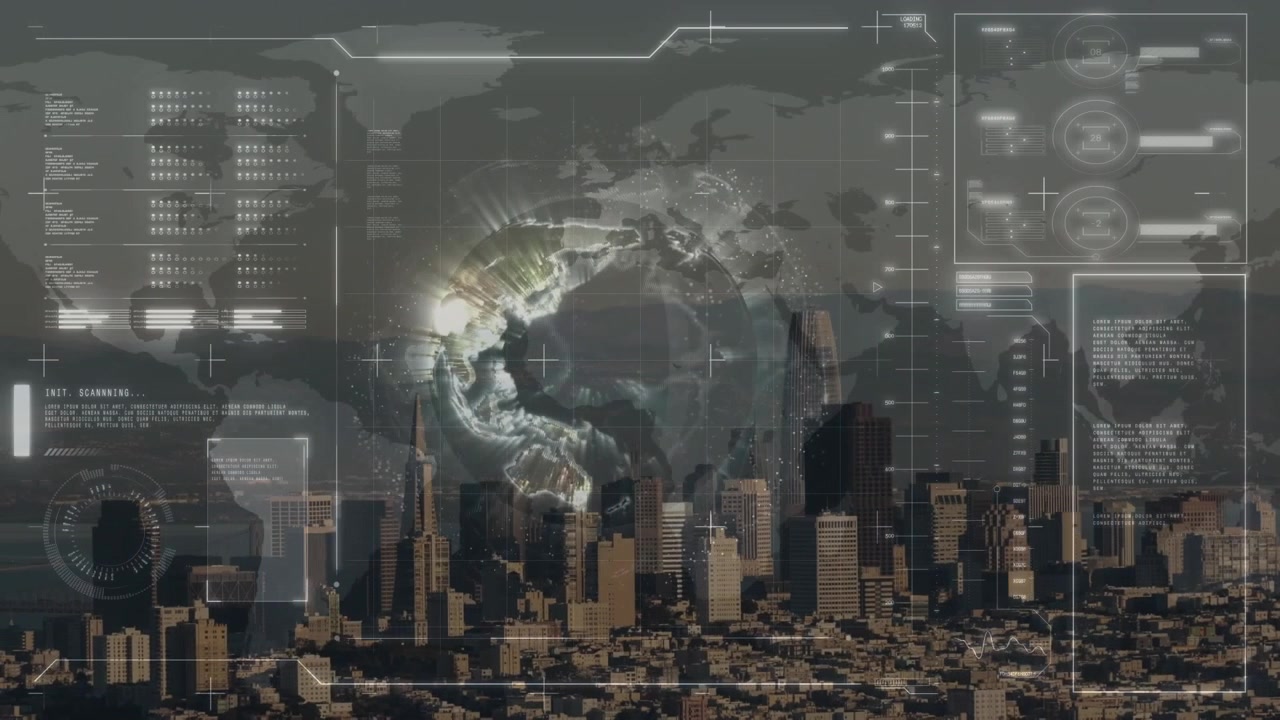 A cityscape animation with a mountain and clear sky in the background