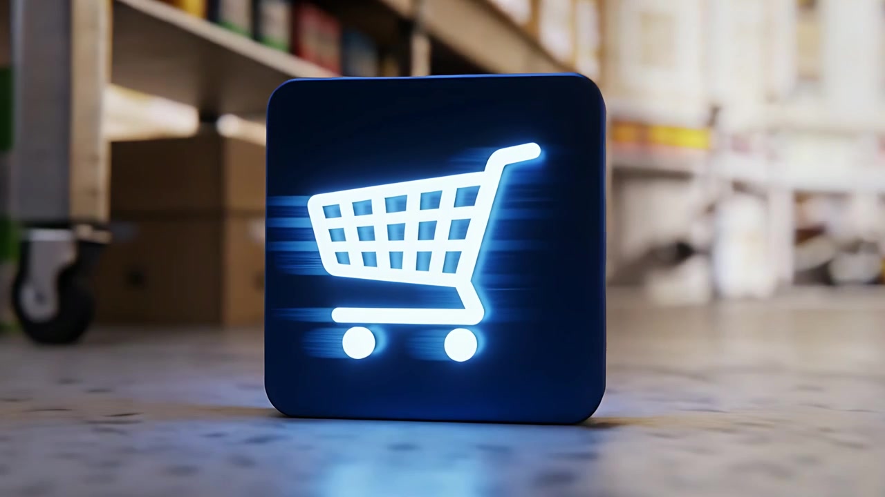 Bloque iluminado giratorio mostrando un icono de carrito mientras la cámara se mueve por el pasillo de la tienda para branding