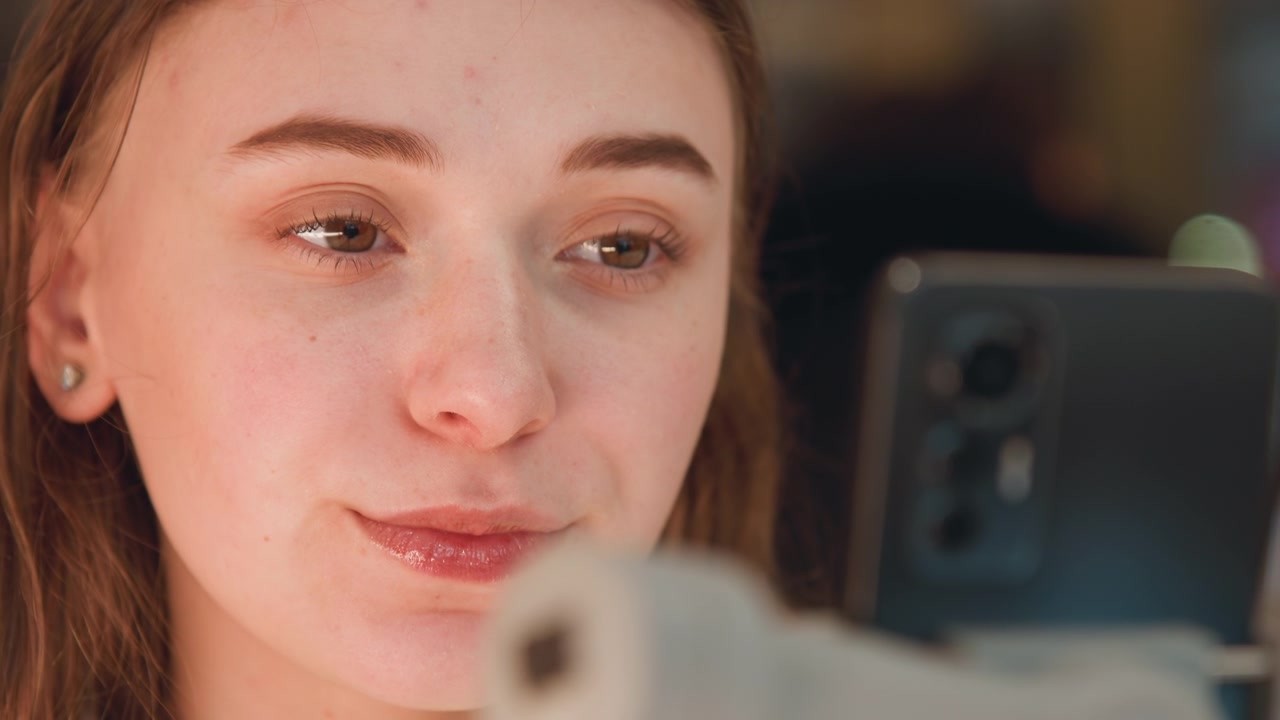 Nærbillede af ung kvinde, der holder smartphone tæt på ansigtet, mens hun ser på skærmen med et fokuseret blik, et diskret smil og udtryksfulde læber, omgivet af blødt varmt indendørs lys og sløret baggrund