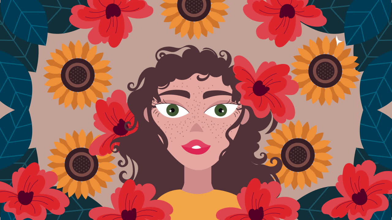 hermosa mujer y flores jardín patrón de animación