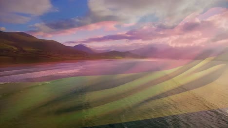 Animation-of-flag-of-germany-waving-over-beach-landscape,-sea-and-cloudy-blue-sky