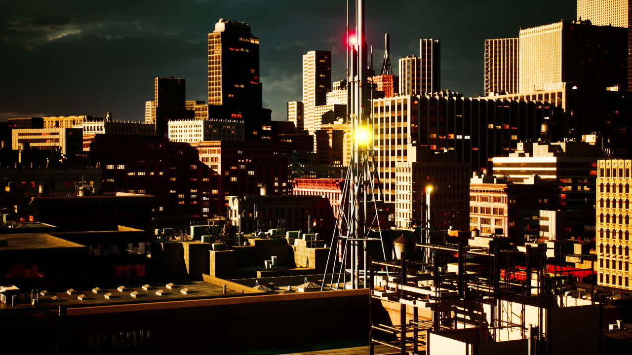 해가 지는 도시 풍경: 저녁에 현대 대도시의 놀라운 공중 풍경