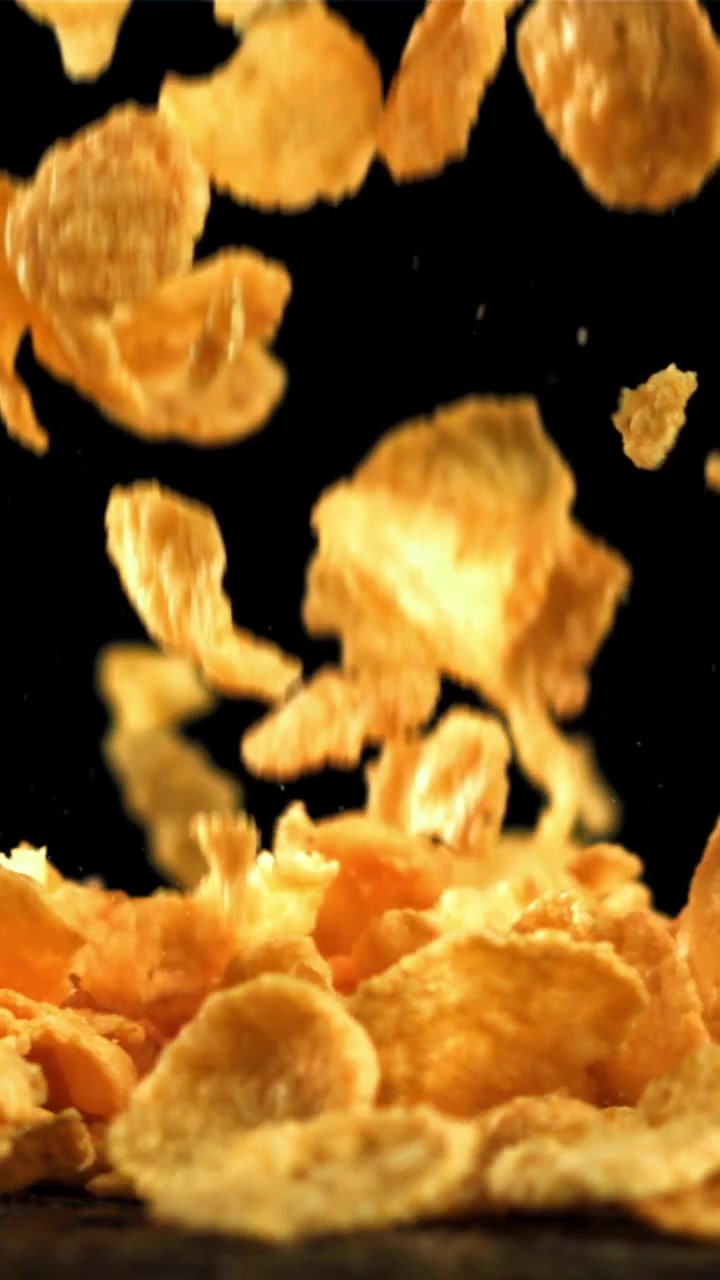 Cornflakes dorati che cadono al rallentatore su sfondo nero