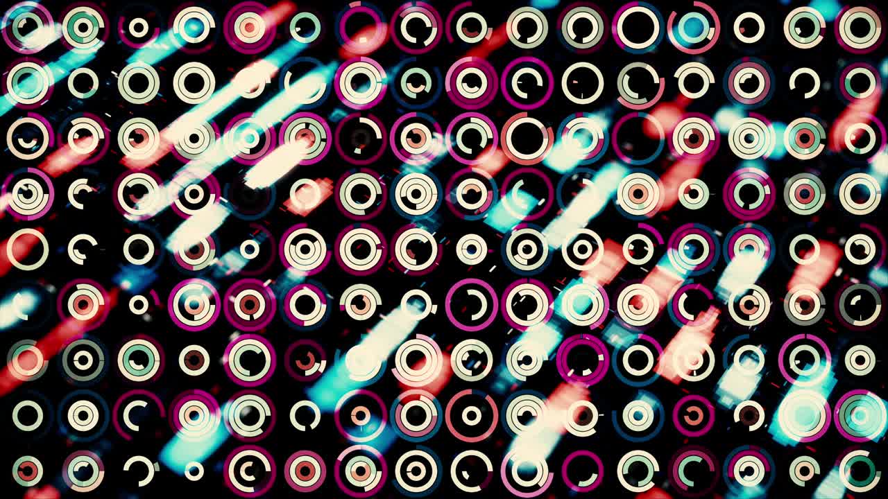 Abstract futuristic background with moving small circles and small particles moving behind them on the background. Animation. Many moving rings on black background, seamless loop