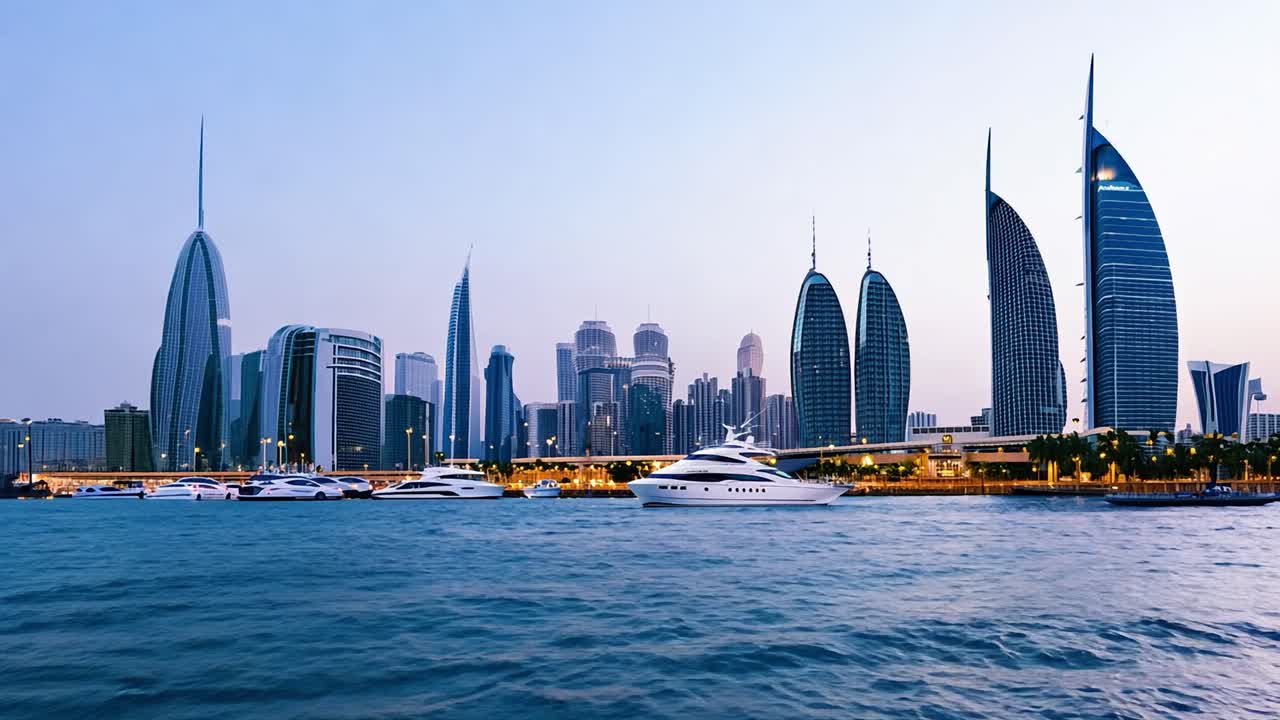 Skyline of bahrain financial harbor showcases modern towers and luxurious yachts transforming during twilight hours