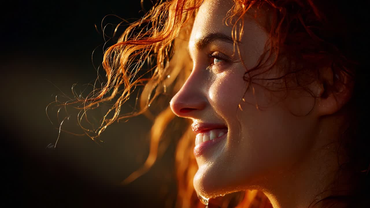 Captivating Moments: A Radiant Woman with Fiery Red Hair Smiling in Soft Natural Light, Showcasing the Beauty of Joy and Serenity in a Tranquil Setting