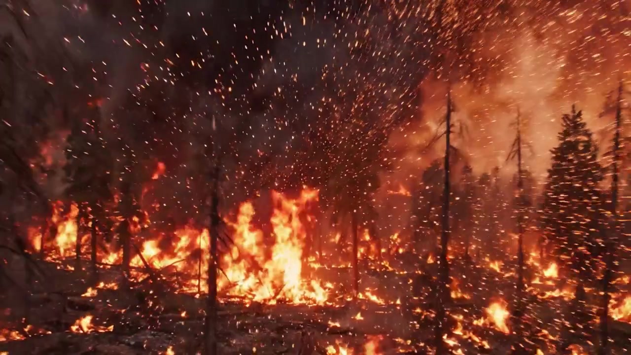 Ødeleggende skogbrann omslutter skogen mens flammer og røyk stiger, med ødeleggelse av trær og dyreliv i en katastrofal fremvisning av naturens raseri.