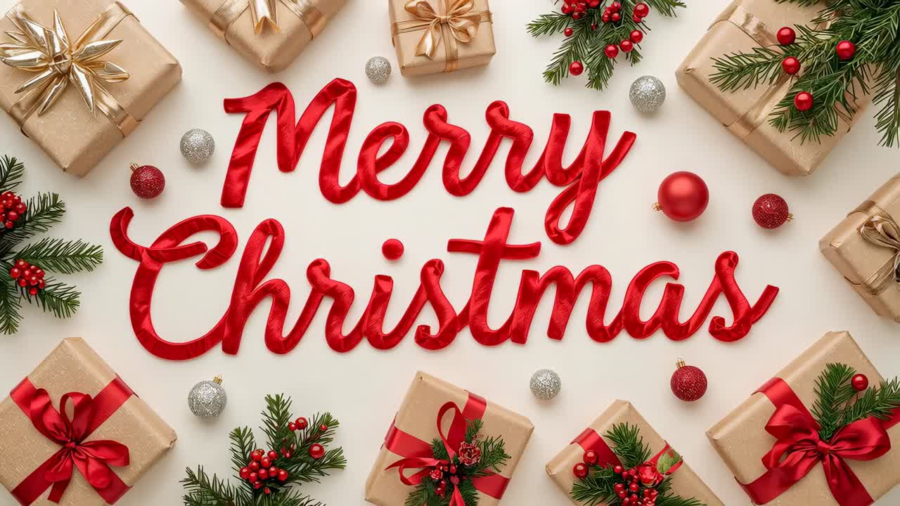 Kamera memperbesar yang menekankan tulisan Merry Xmas merah pada permukaan krem, membingkai hadiah dan pernak-pernik