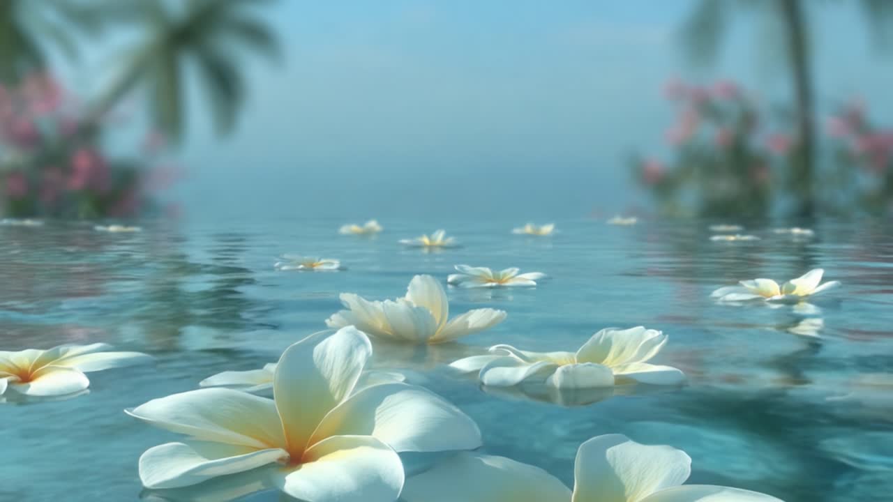 Serenità in fiore: un incantevole riflesso di fiori di Plumeria bianchi che galleggiano su acque cristalline, circondati da una lussureggiante vegetazione tropicale