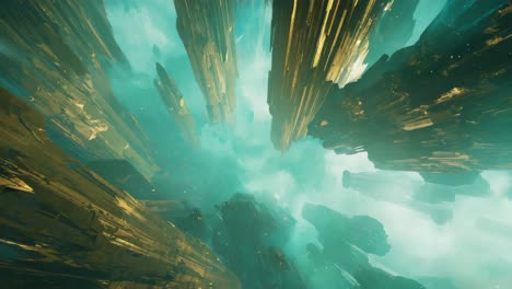 abstract golden towers in a teal sky