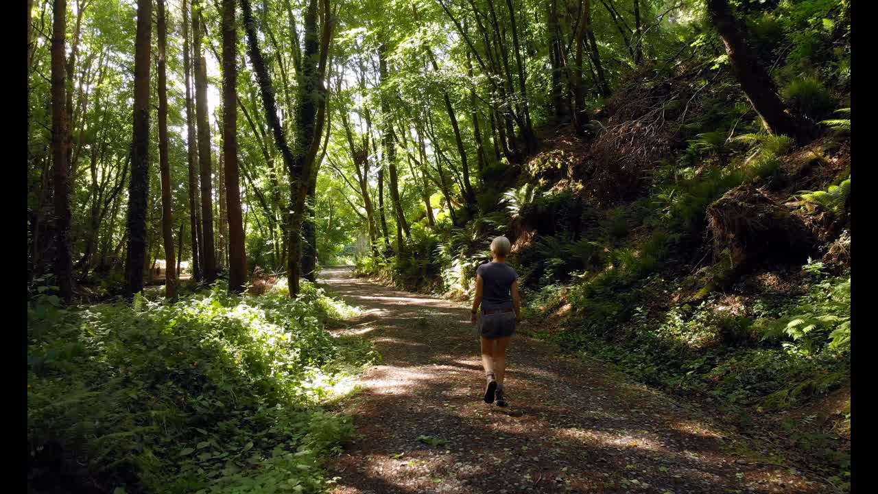 Woman walking in the forest 4k