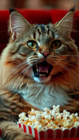 cats enjoying popcorn at a movie theater during afternoon screenings. two cats relax in red theater seats, sharing popcorn and watching a movie together. vertical video