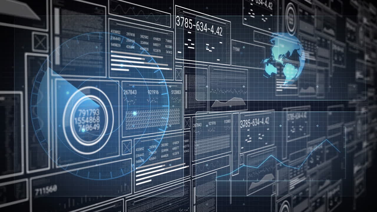 Digital data processing with graphs and world map animation on screens