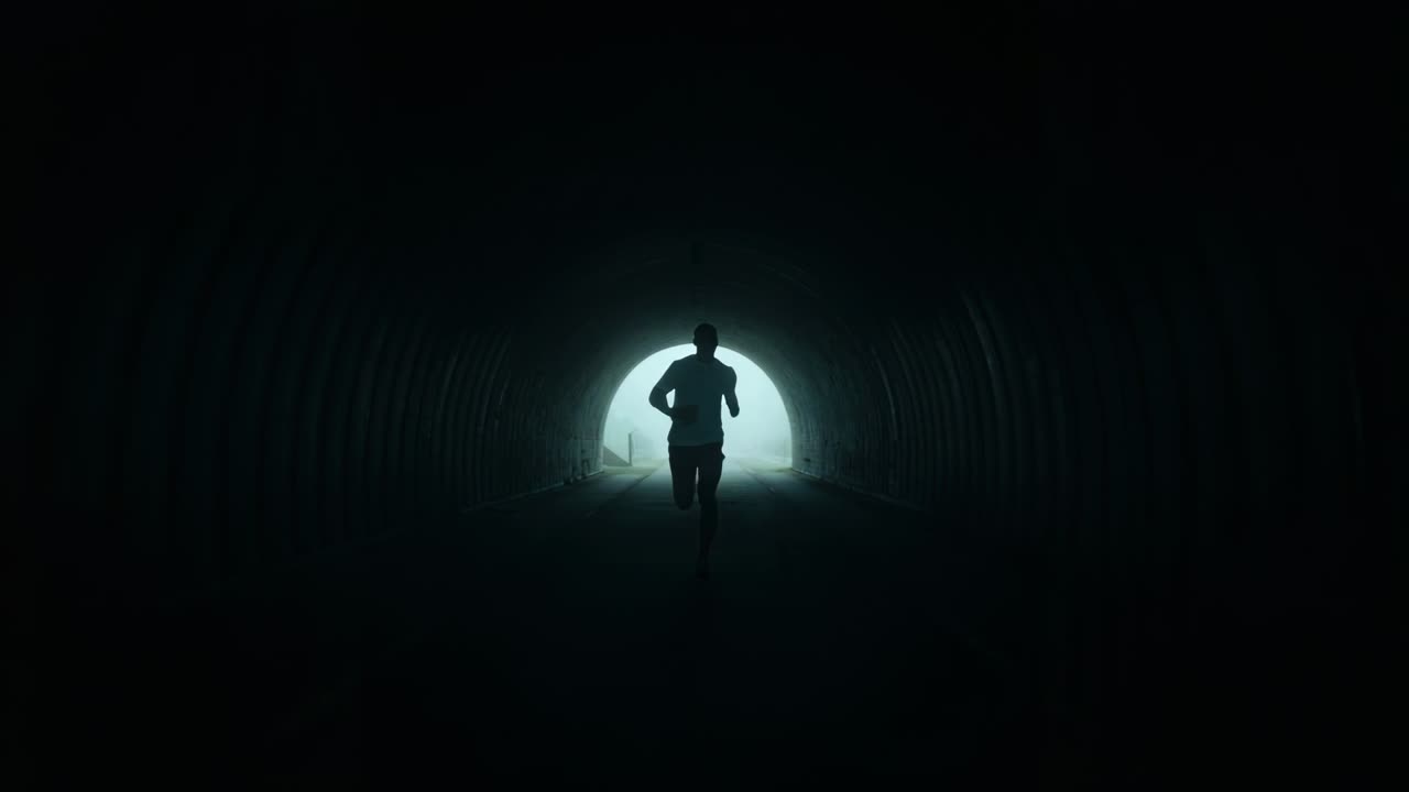 Video verticale: uomo che corre con maglietta bianca e pantaloncini scuri, dirigendosi verso un'uscita luminosa attraverso un tunnel ad arco.