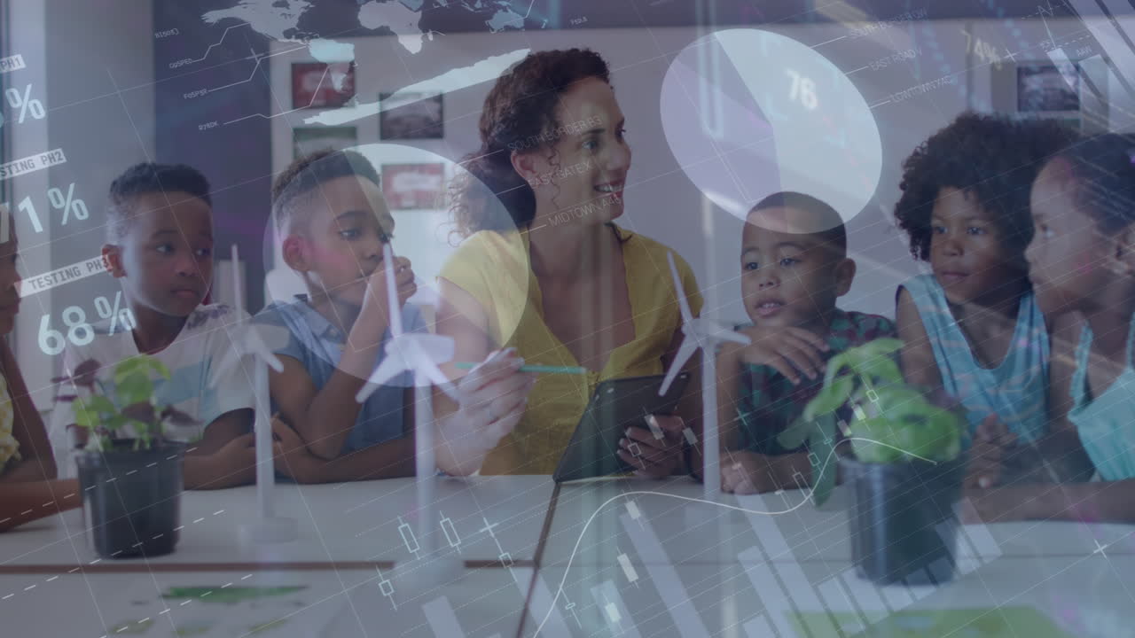 Animation of data processing over happy diverse female teacher and pupils with wind turbines