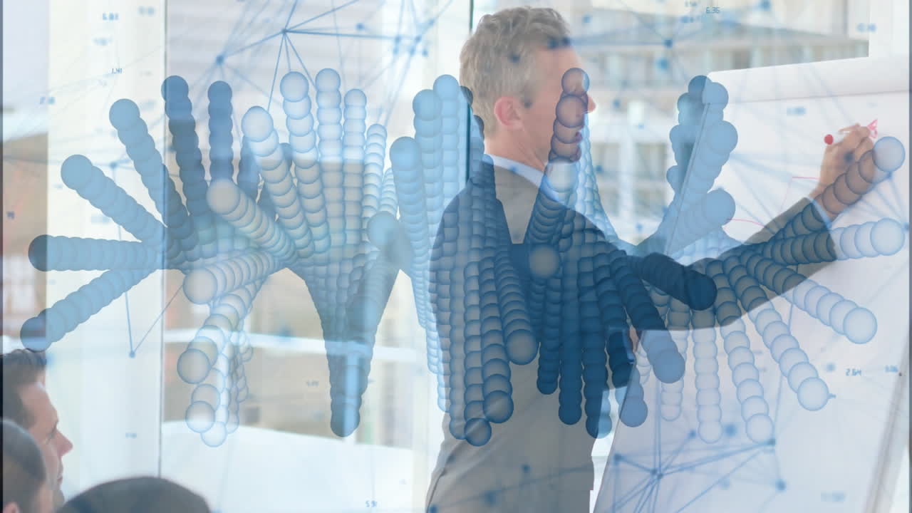 Senior man writing flipchart in business meeting room, showing blue network spheres and graph lines