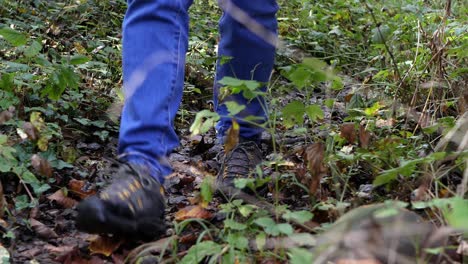 hombre adulto en jeans camina a través del cepillo, se ven las piernas