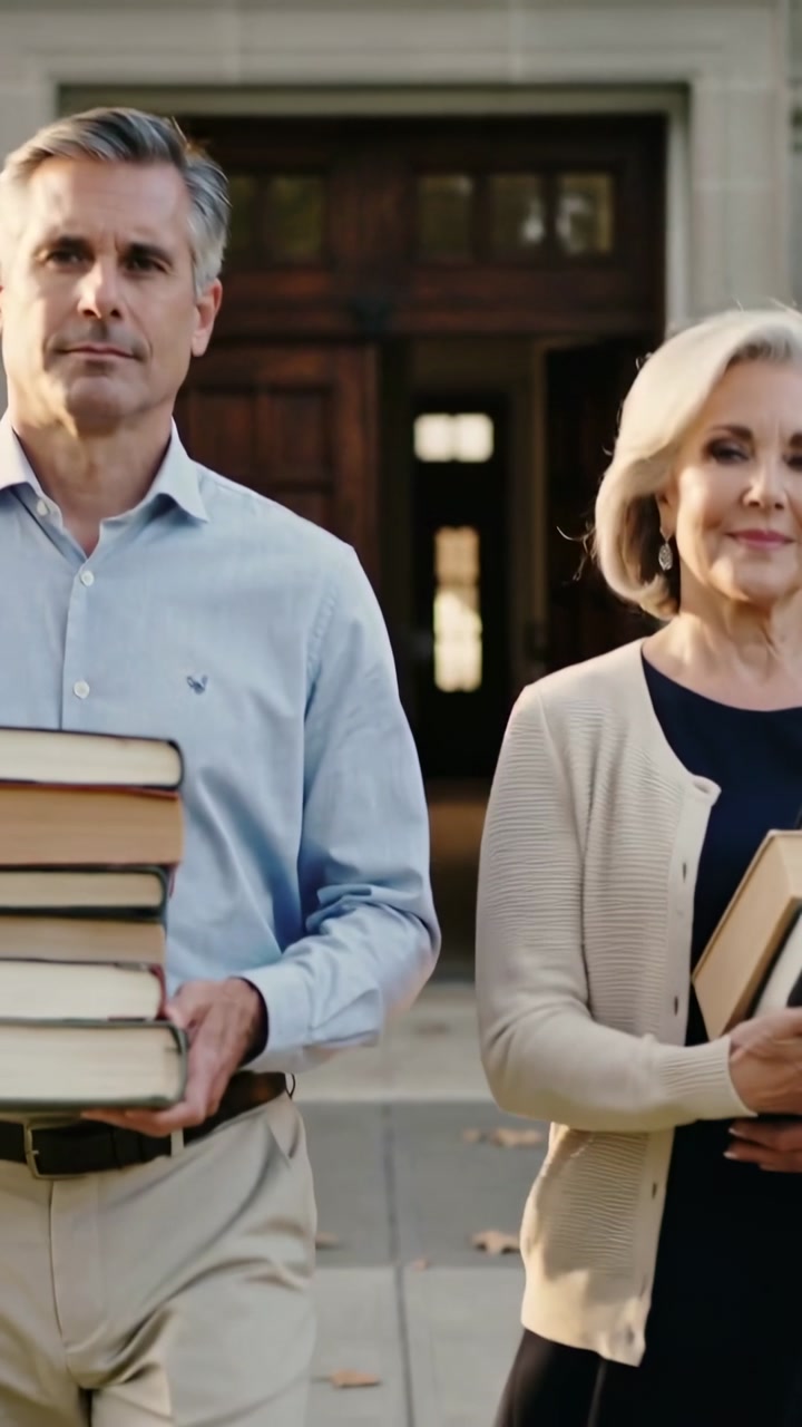 Vertical video: Walking couple exiting building holding books man in blue shirt woman in cardigan