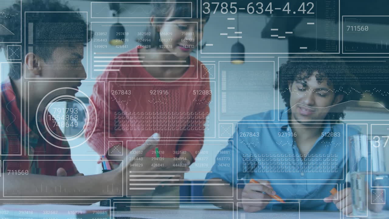 Animation of data processing over diverse colleagues discussing work in office
