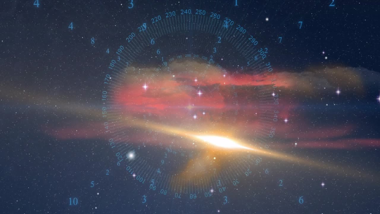 Dial rotating on pulsing star, warp-speed zooming revealing red nebula with golden flare settling