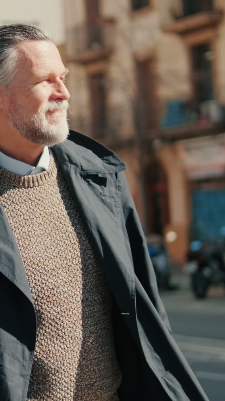 Smiling Man Walking Down City Street