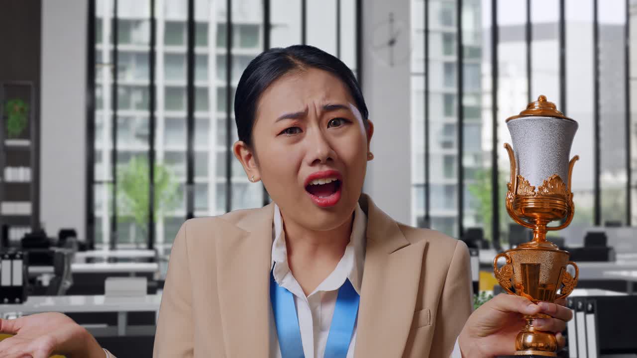Close Up Of Wondering Asian Business Woman In A Suit With A Gold Medal Looking At Trophy Doubtfully In The Office