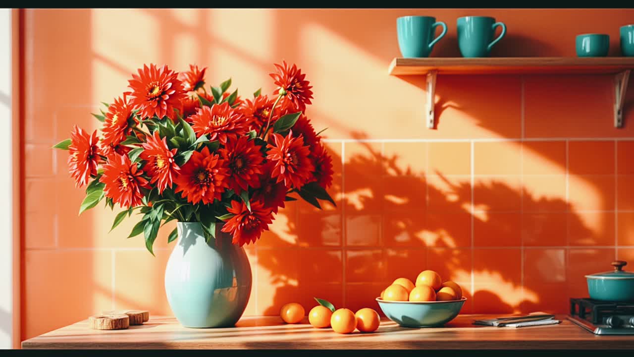 Red Dahlia Bouquet in a Teal Vase in an Orange Kitchen