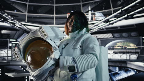 portrait of jolly female astronaut holding helmet inside space station