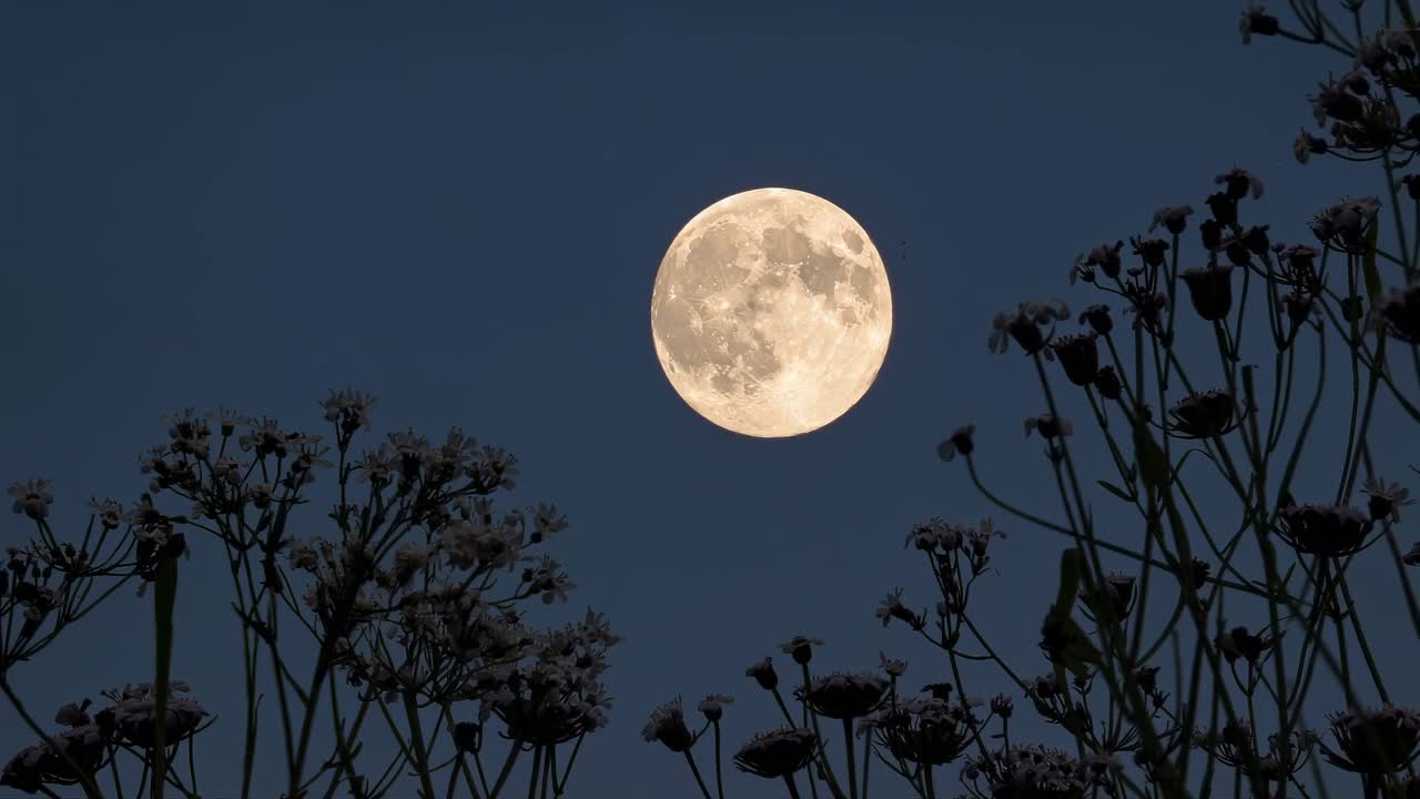A serene video scene of the moon centered in a clear sky, framed by silhouetted wildflowers