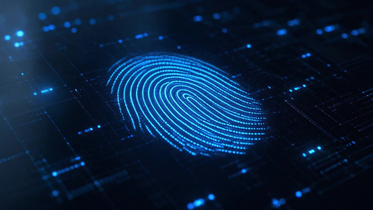 Blue Neon Digital Fingerprint animates onto the screen representing biometrics, identity verification and cyber security. 4k