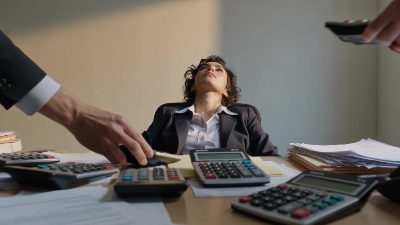 Una donna in giacca da completo si appoggia e guarda in alto alla scrivania dell'ufficio, mentre i colleghi posizionano le calcolatrici per il lavoro.