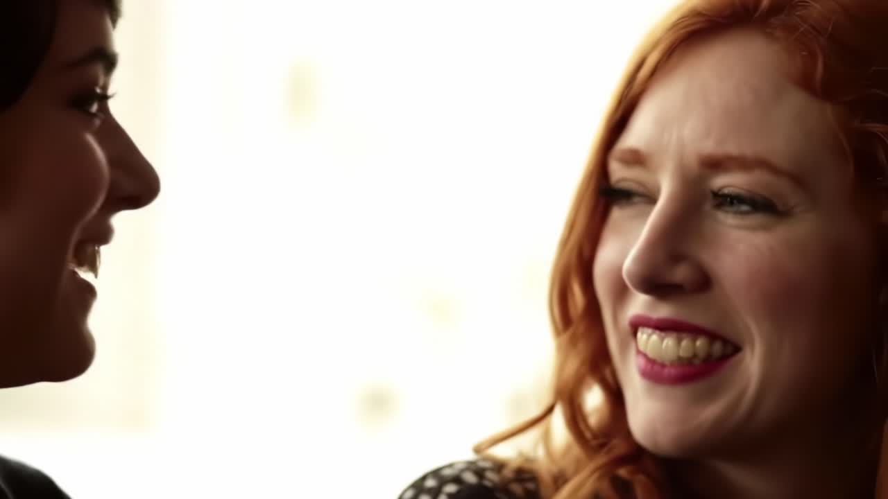 Intimate Conversation Between Two Friends Highlighting Genuine Laughter and Connection in a Softly Lit Setting