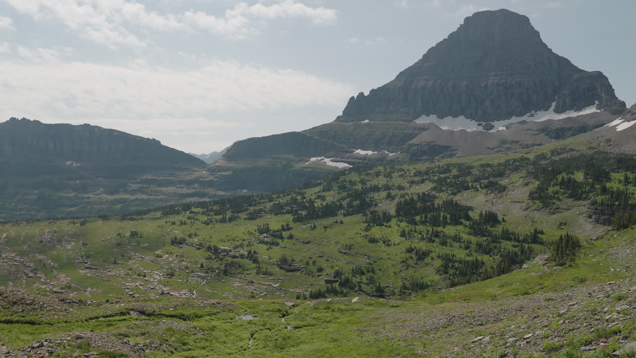 Splendido paesaggio montano catturato al Logan Pass, Montana, che mostra una vegetazione lussureggiante