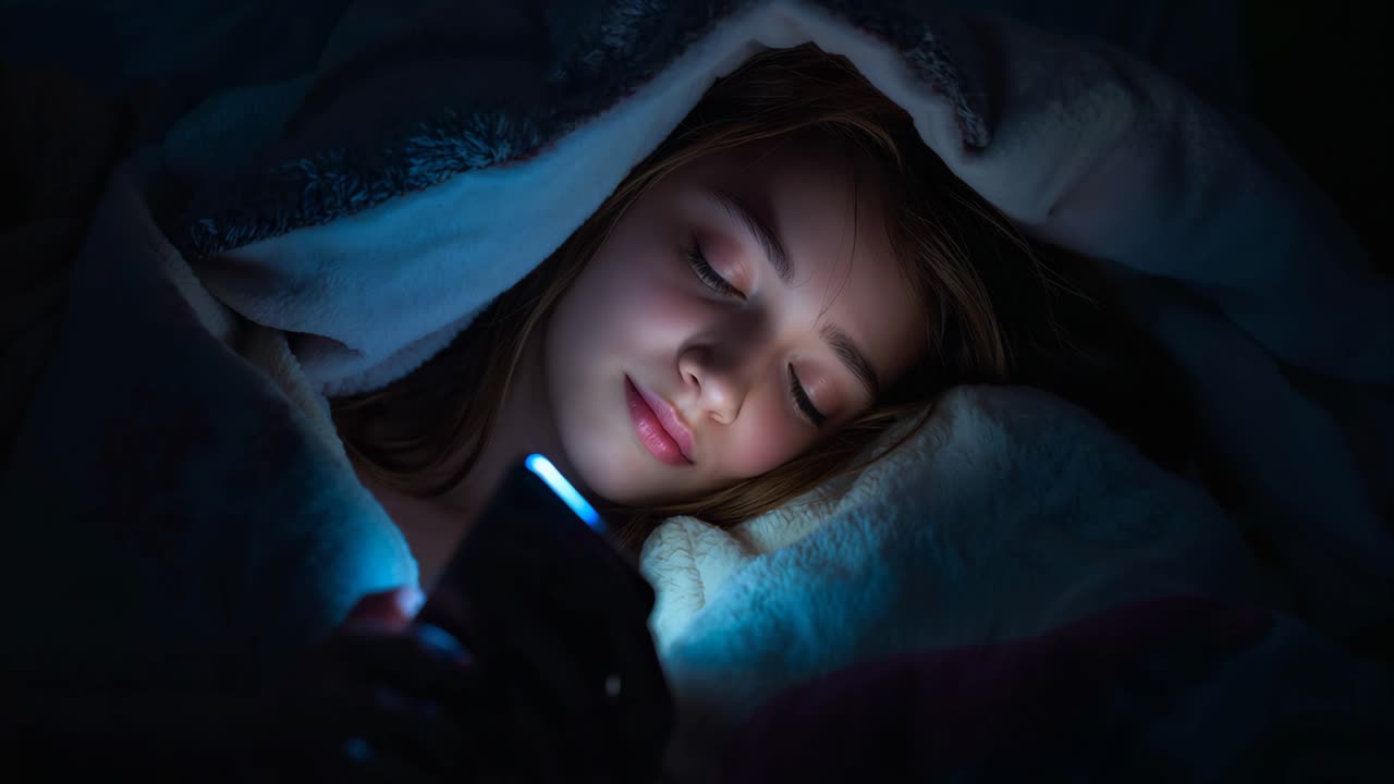 Girl using smartphone in bed at night
