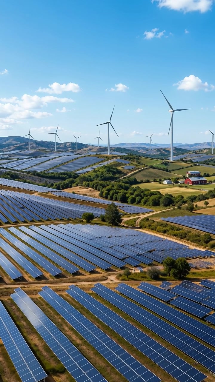 Vasto campo de painéis solares e turbinas eólicas em uma encosta ensolarada para produção de energia renovável.