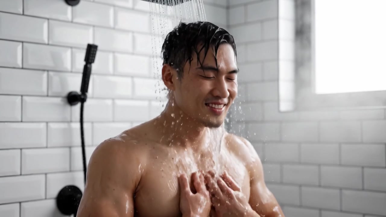 Relaxing Moments: A Man Enjoys a Refreshing Shower Experience Amidst Soothing Water Cascades and Captivating Steam in a Modern Bathroom Setting