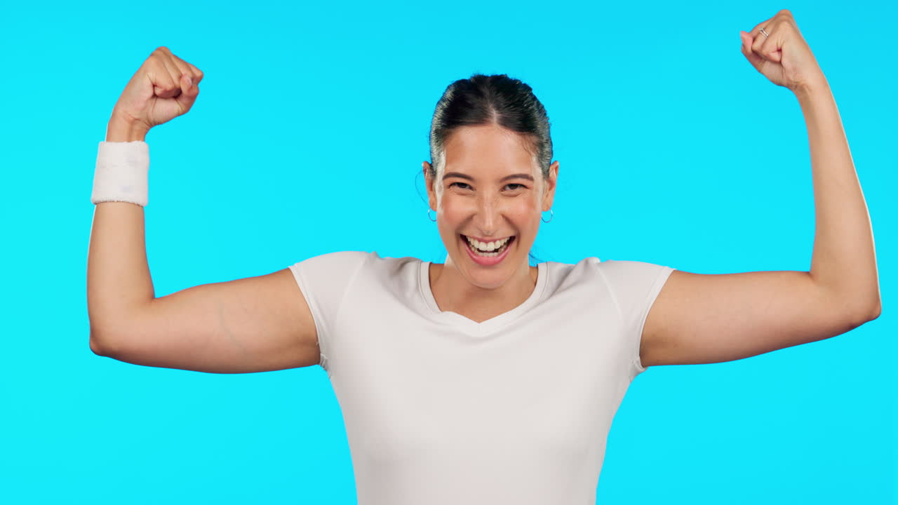 Woman, face and fitness with flex