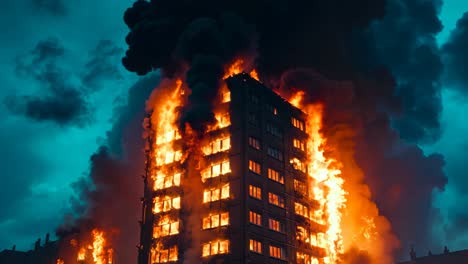 a tall building is engulfed by flames and smoke