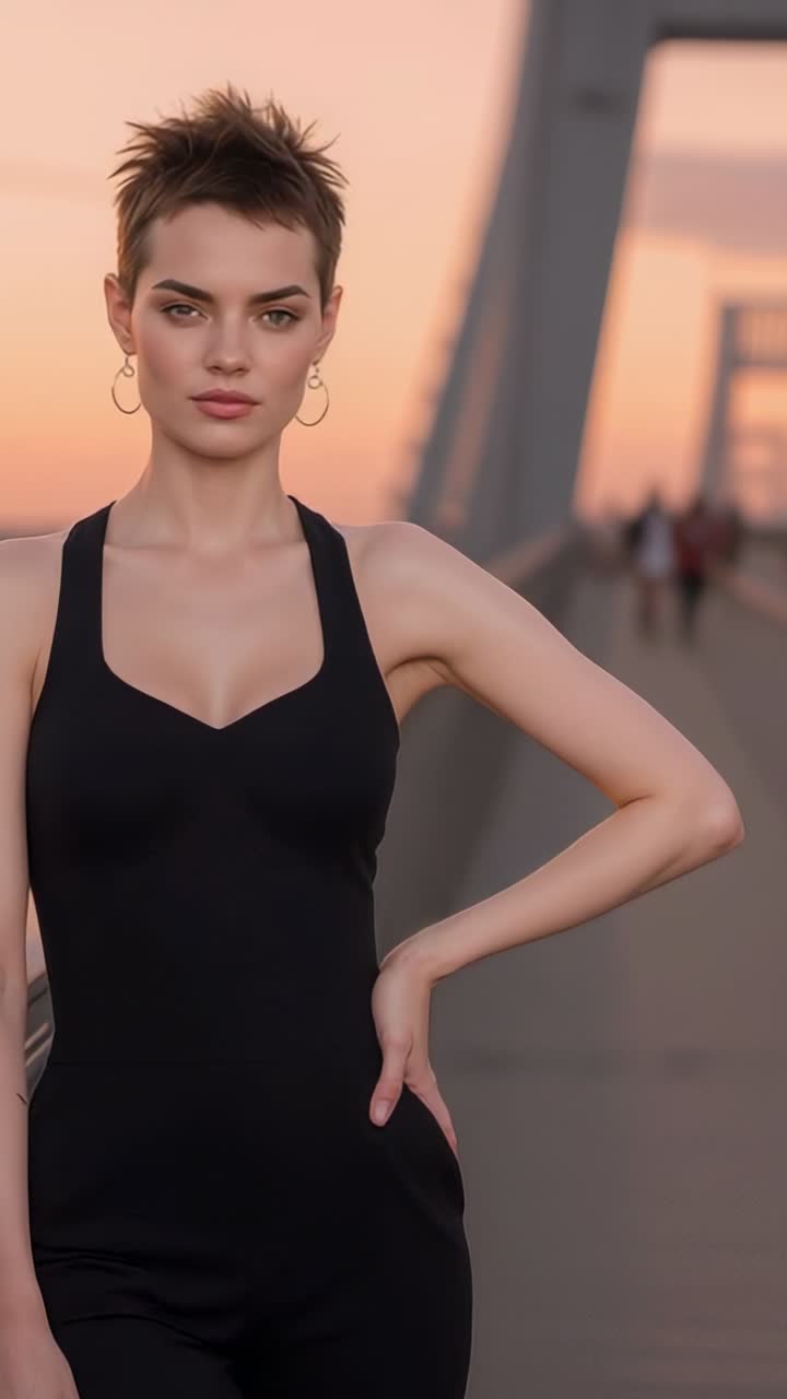 Vertical video: Posing model holding pose as camera records bridge sunset for shoot in black dress