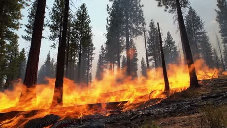 Devastating Wildfire Engulfs Forest Landscape, Consuming Trees and Underbrush as Flames Rage in the Background with Thick Smoke Filling the Air